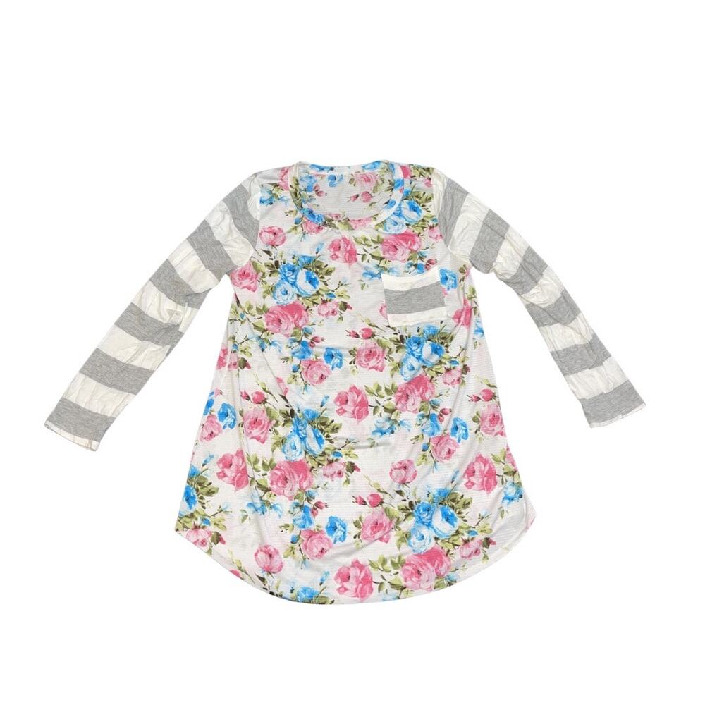 Boho Floral Rose and Striped Long Sleeve Knit Tunic Top SZ Large Artsy Botanical